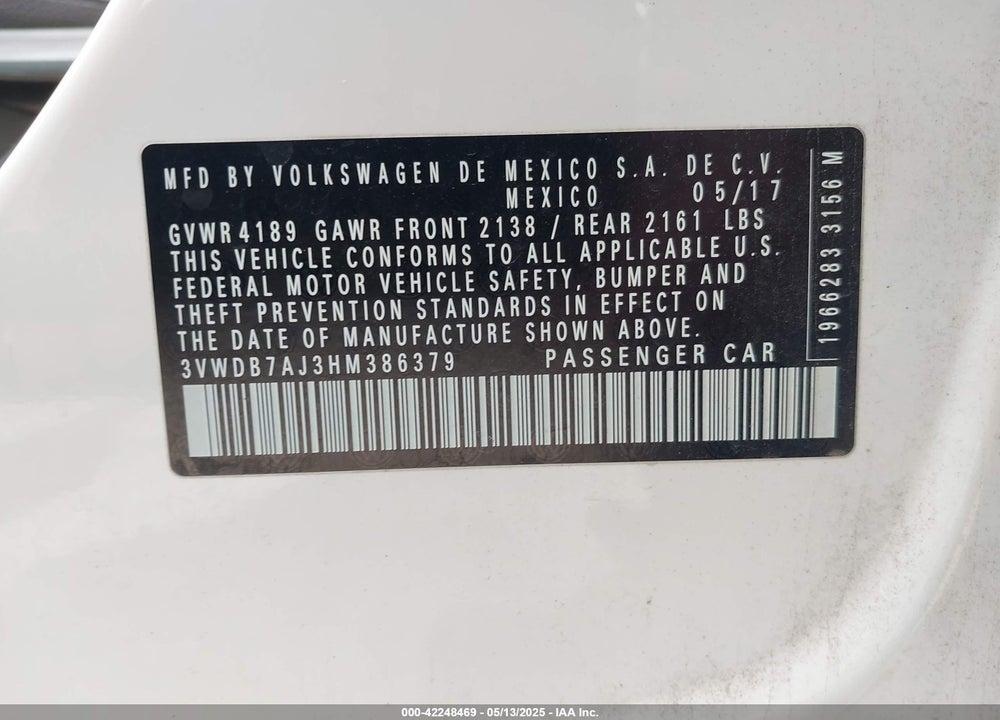 2017 VOLKSWAGEN JETTA VIN: 3VWDB7AJ3HM386379