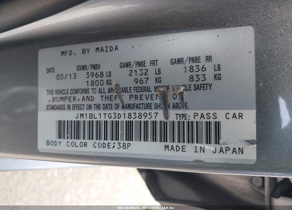 2013 MAZDA 3 I SV VIN: JM1BL1TG3D1838957