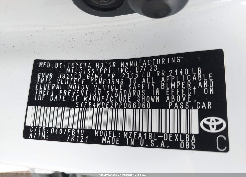 2023 TOYOTA COROLLA VIN: 5YFB4MDE2PP066060