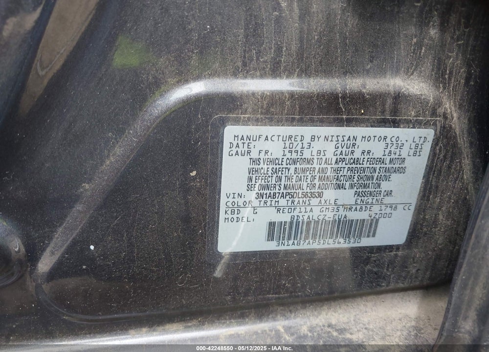 2013 NISSAN SENTRA S VIN: 3N1AB7AP5DL563530