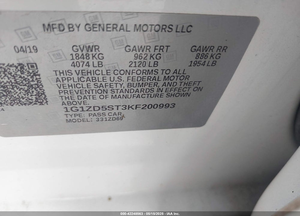 2019 CHEVROLET MALIBU VIN: 1G1ZD5ST3KF200993