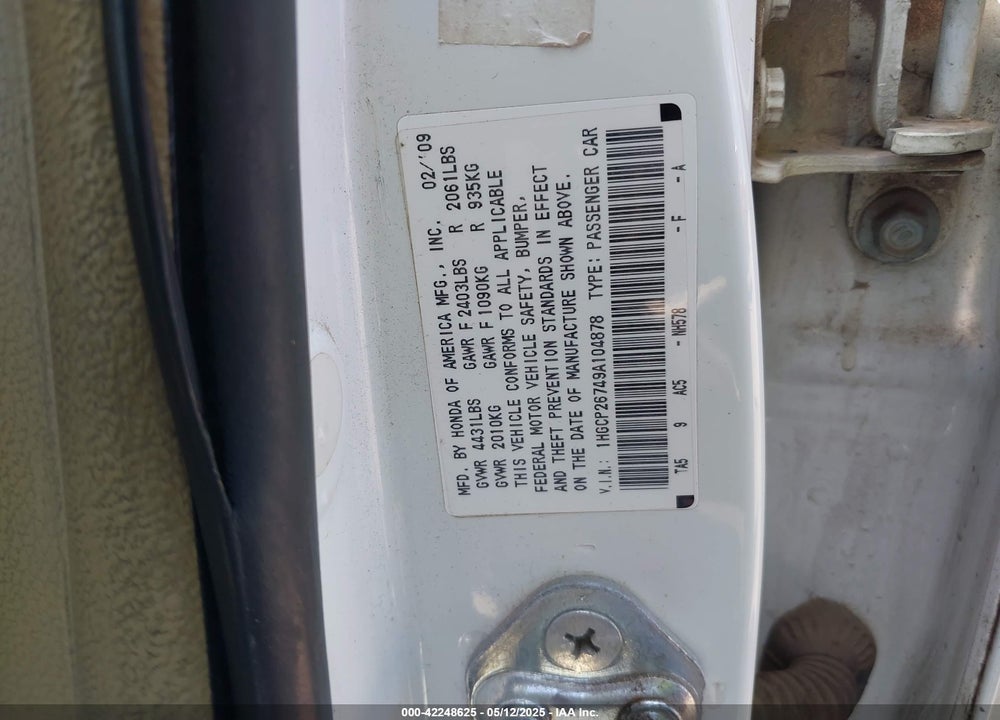 2009 HONDA ACCORD 2.4 EX VIN: 1HGCP26749A104878