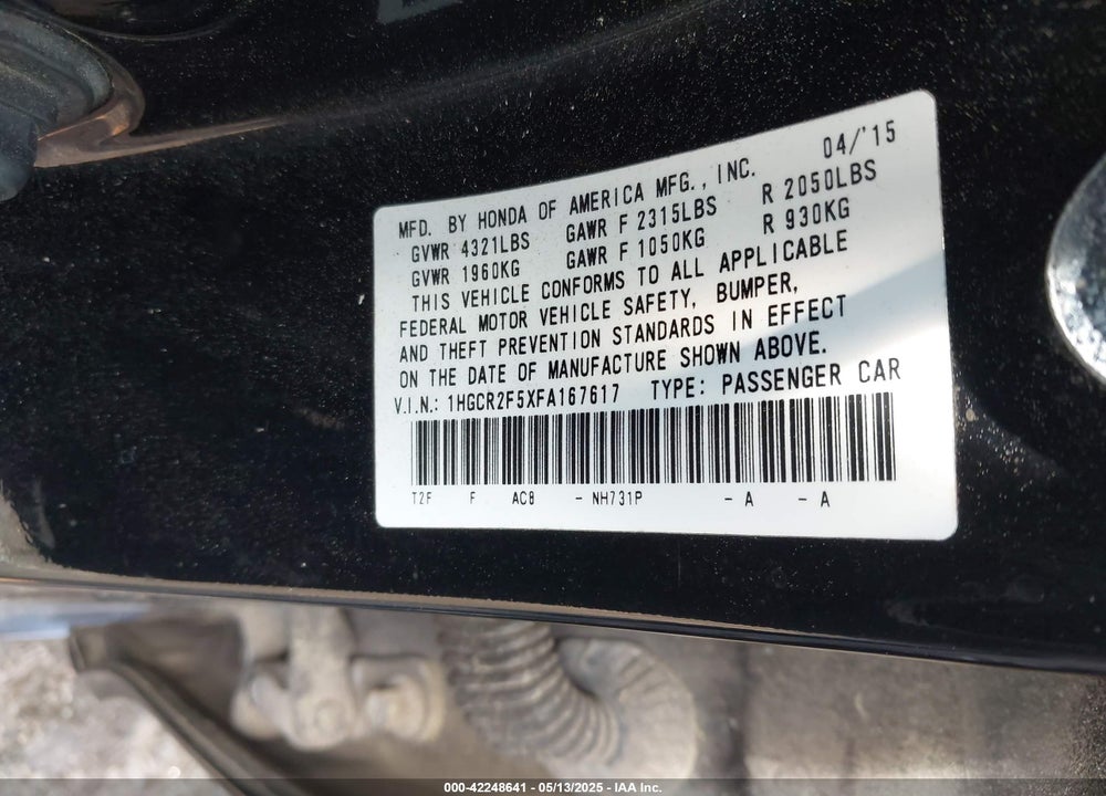 2015 HONDA ACCORD VIN: 1HGCR2F5XFA167617