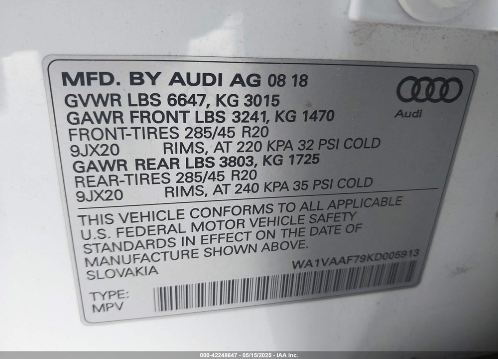 2019 AUDI Q7 55 PREMIUM VIN: WA1VAAF79KD005913