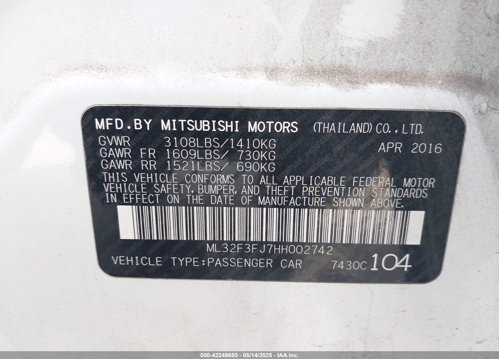 2017 MITSUBISHI MIRAGE VIN: ML32F3FJ7HH002742