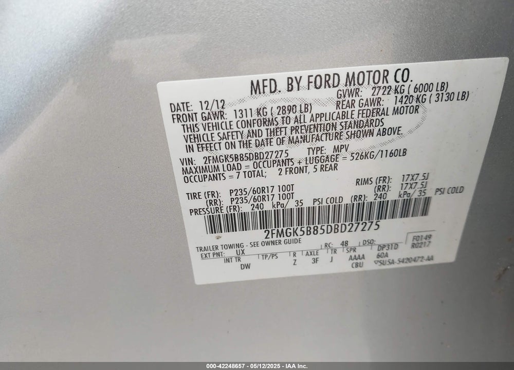 2013 FORD FLEX VIN: 2FMGK5B85DBD27275
