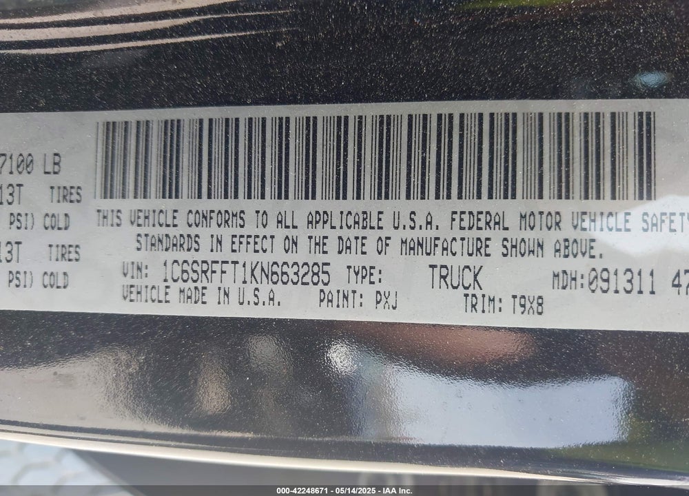 2019 RAM 1500 VIN: 1C6SRFFT1KN663285