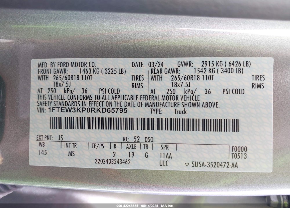 2024 FORD F-150 XLT VIN: 1FTEW3KP0RKD65795