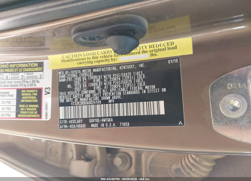2010 TOYOTA VENZA VIN: 4T3ZK3BB0AU024149