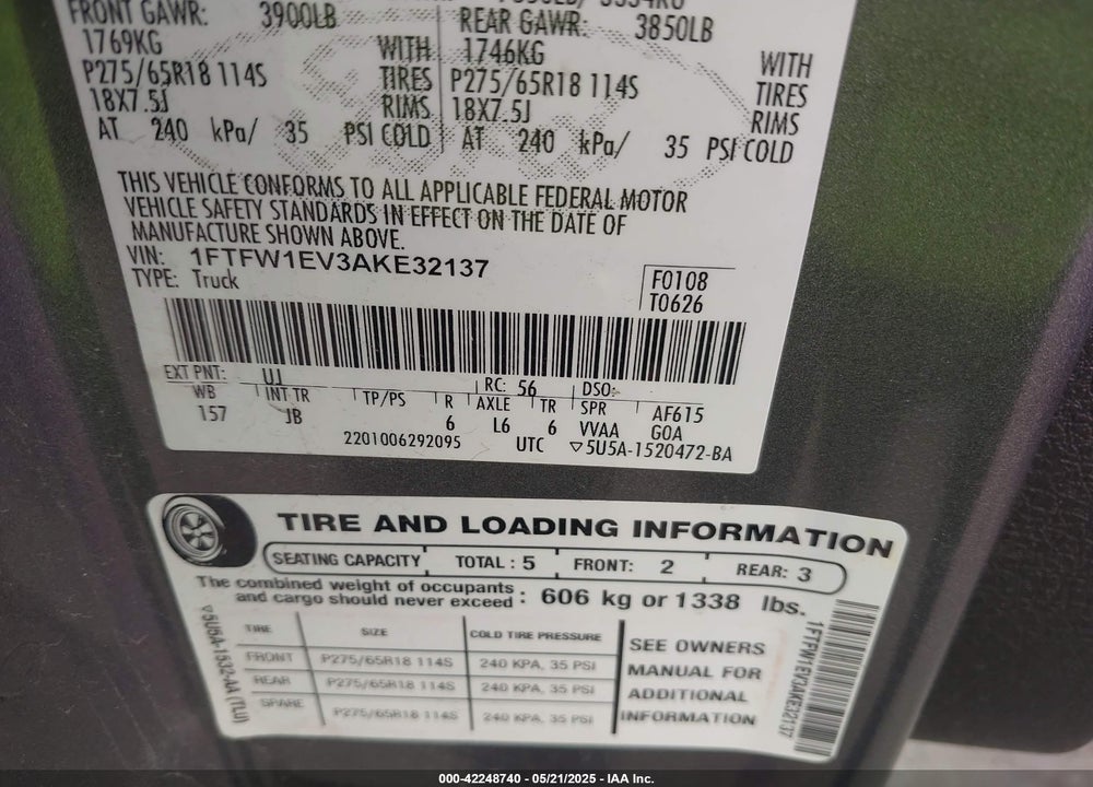 2010 FORD F150 VIN: 1FTFW1EV3AKE32137