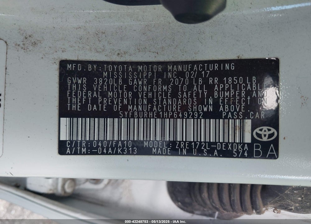 2017 TOYOTA COROLLA VIN: 5YFBURHE1HP649292