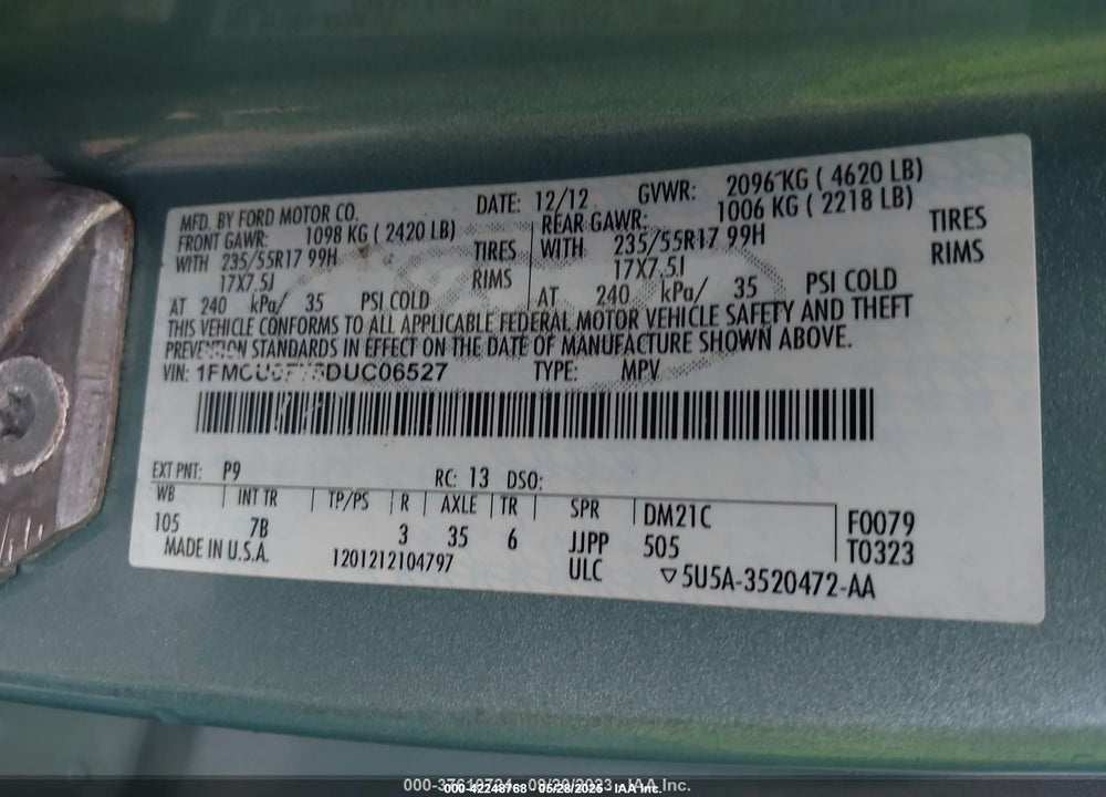 2013 FORD ESCAPE S VIN: 1FMCU0F75DUC06527