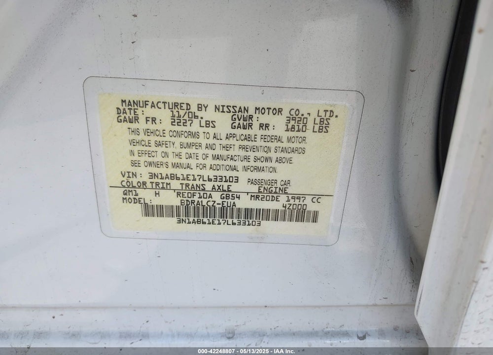 2007 NISSAN SENTRA 2.0 VIN: 3N1AB61E17L633103