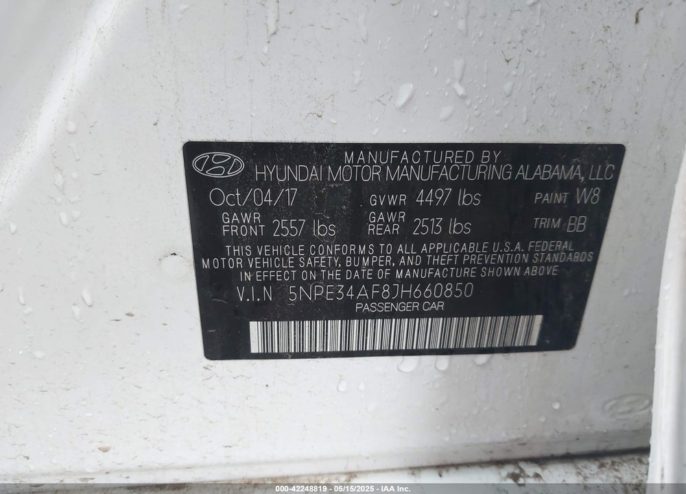 2018 HYUNDAI SONATA SEL VIN: 5NPE34AF8JH660850