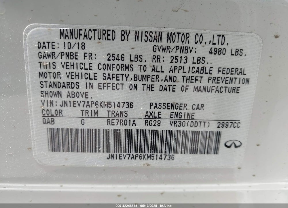 2019 INFINITI Q50 VIN: JN1EV7AP6KM514736