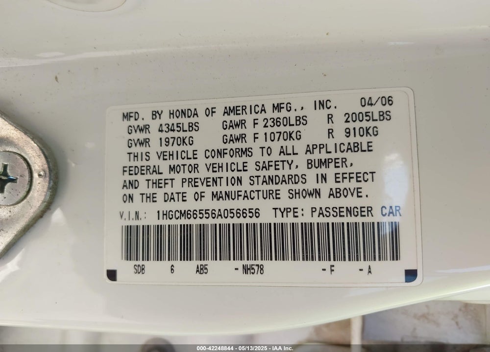 2006 HONDA ACCORD 3.0 EX VIN: 1HGCM66556A056656
