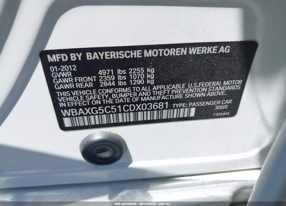 2012 BMW 5 SERIES VIN: WBAXG5C51CDX03681