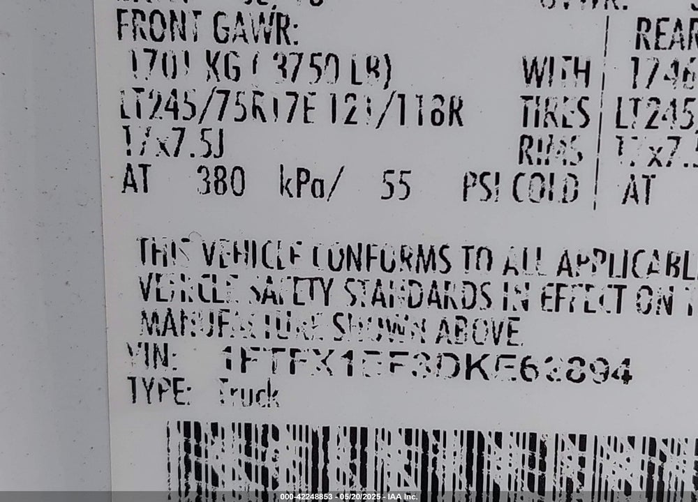 2013 FORD F-150 VIN: 1FTFX1EF3DKE62894