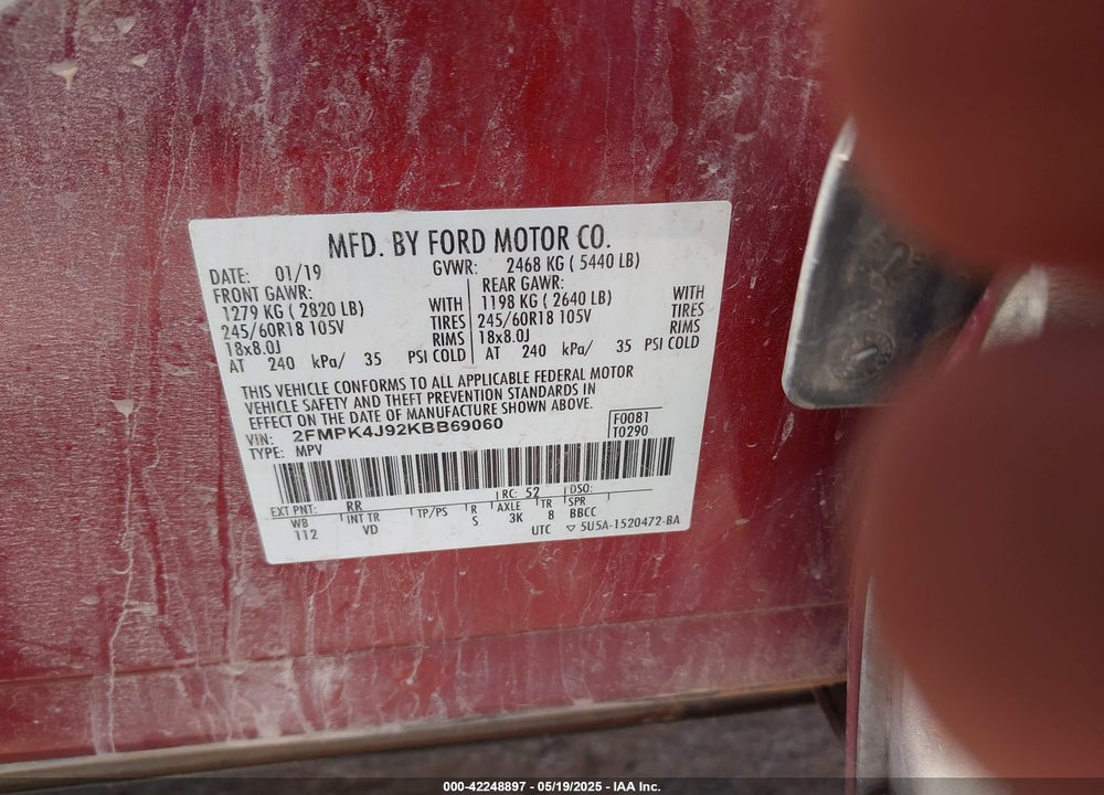 2019 FORD EDGE VIN: 2FMPK4J92KBB69060