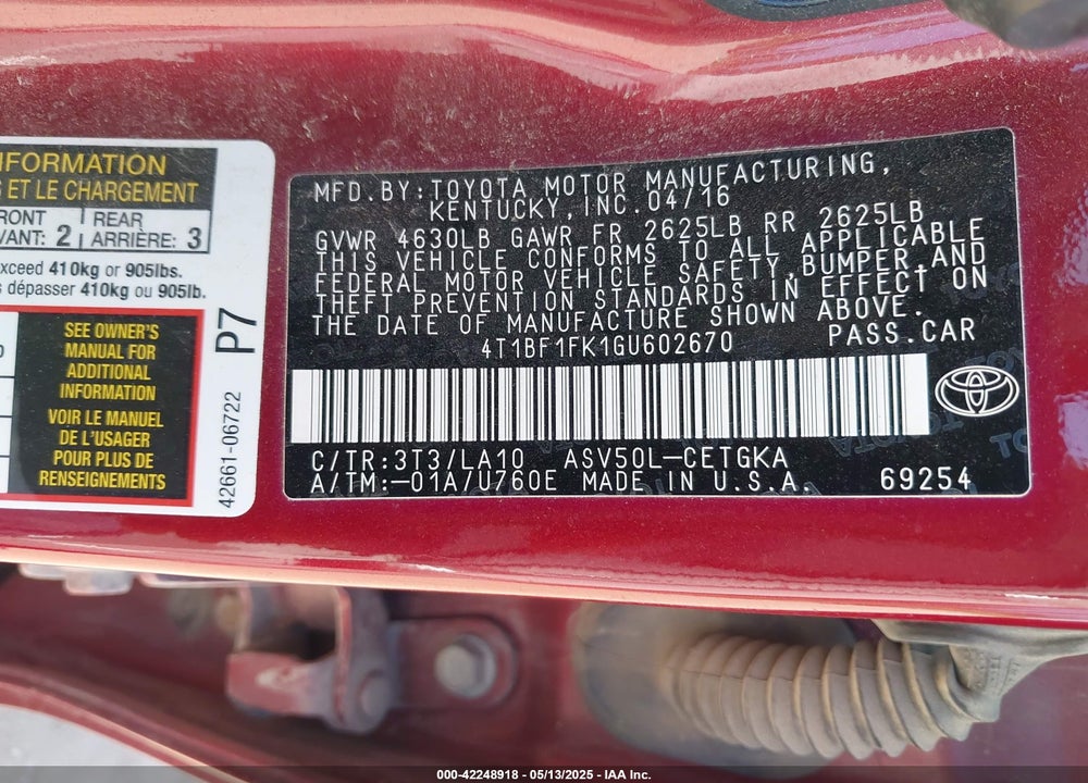 2016 TOYOTA CAMRY VIN: 4T1BF1FK1GU602670