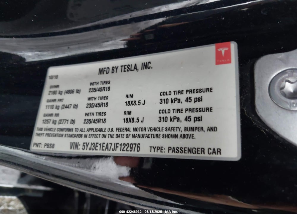 2018 TESLA MODEL 3 LONG RANGE/MID RANGE VIN: 5YJ3E1EA7JF122976