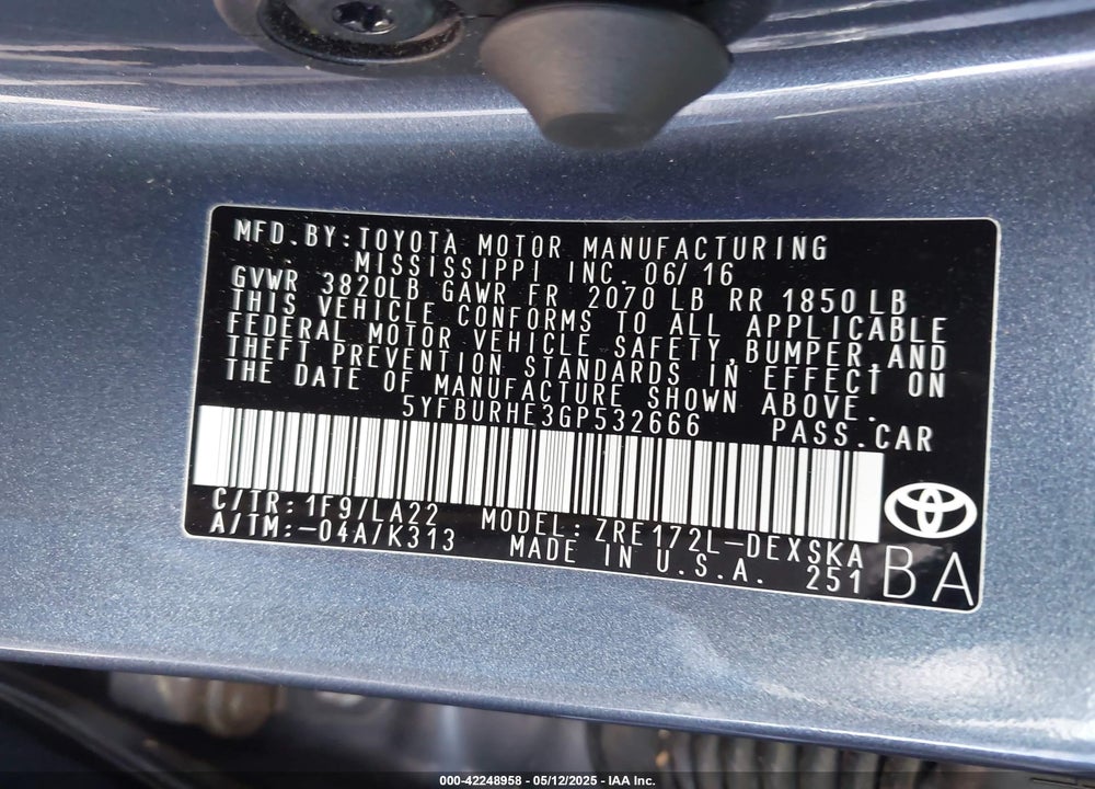 2016 TOYOTA COROLLA S PLUS VIN: 5YFBURHE3GP532666
