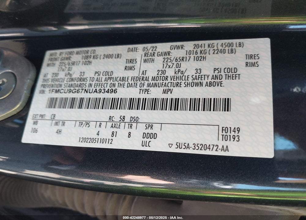 2022 FORD ESCAPE SE VIN: 1FMCU9G67NUA93496