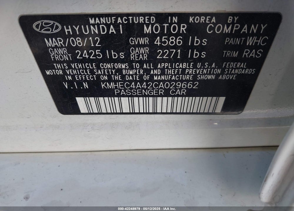 2012 HYUNDAI SONATA HYBRID VIN: KMHEC4A42CA029662