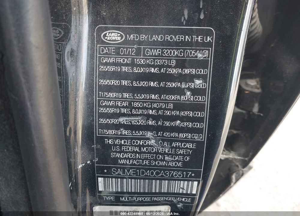 2012 LAND ROVER RANGE ROVER HSE VIN: SALME1D40CA376517