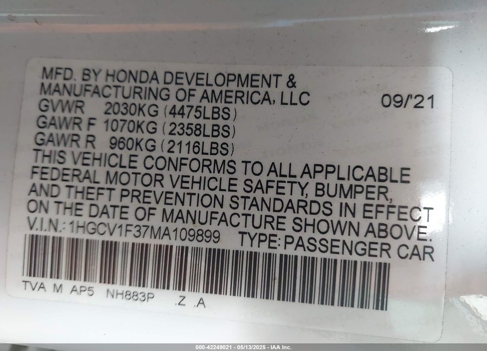 2021 HONDA ACCORD VIN: 1HGCV1F37MA109899