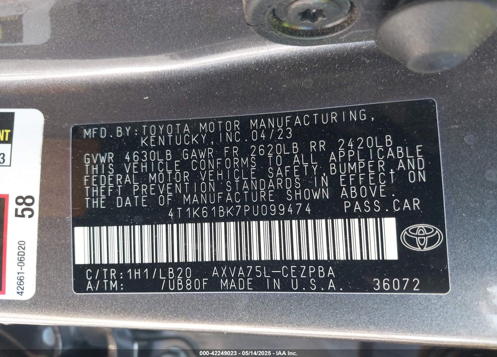 2023 TOYOTA CAMRY VIN: 4T1K61BK7PU099474