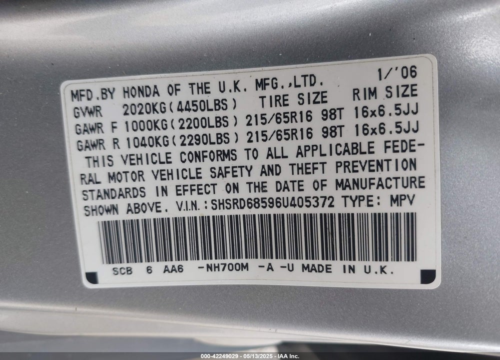 2006 HONDA CR-V VIN: SHSRD68596U405372