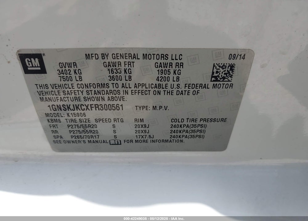 2015 CHEVROLET SUBURBAN 1500 VIN: 1GNSKJKCXFR300561