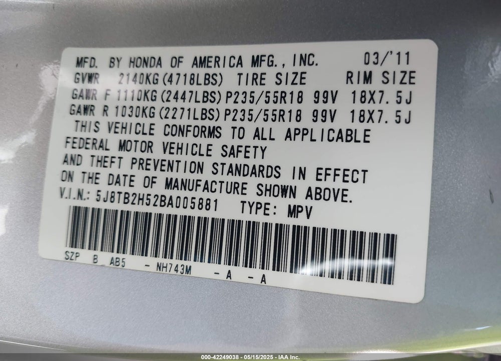 2011 ACURA RDX VIN: 5J8TB2H52BA005881