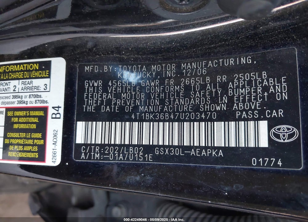 2007 TOYOTA AVALON VIN: 4T1BK36B47U203470
