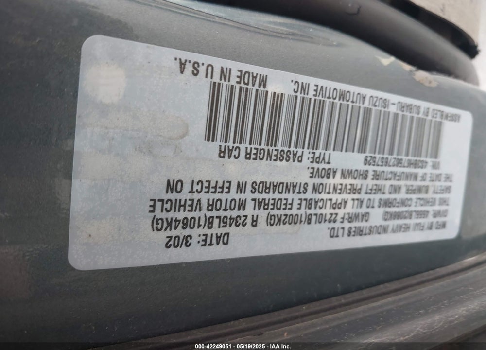 2002 SUBARU OUTBACK VIN: 4S3BH675627657529