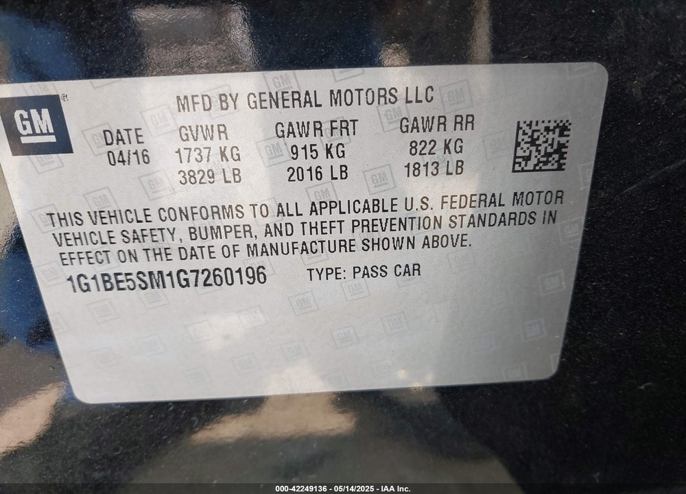 2016 CHEVROLET CRUZE VIN: 1G1BE5SM1G7260196