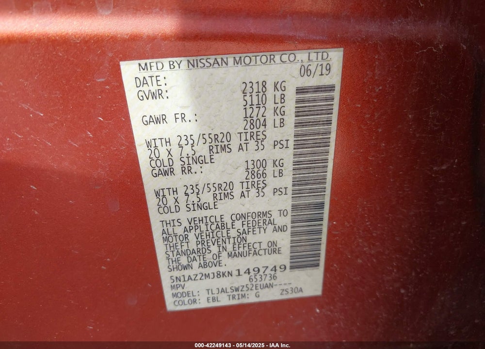 2019 NISSAN MURANO VIN: 5N1AZ2MJ8KN149749
