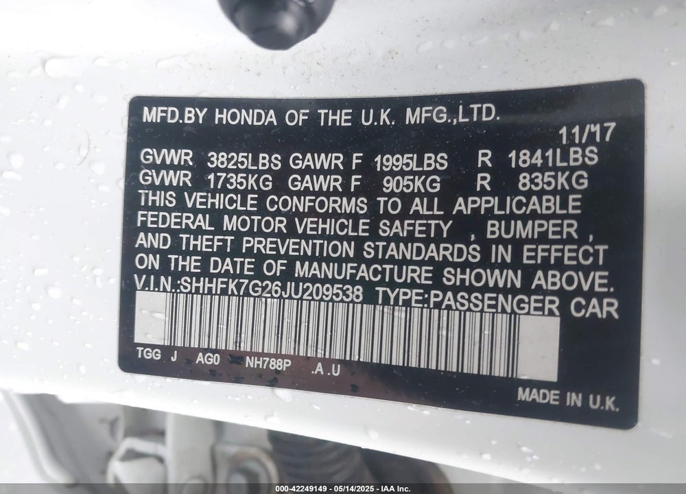 2018 HONDA CIVIC LX VIN: SHHFK7G26JU209538