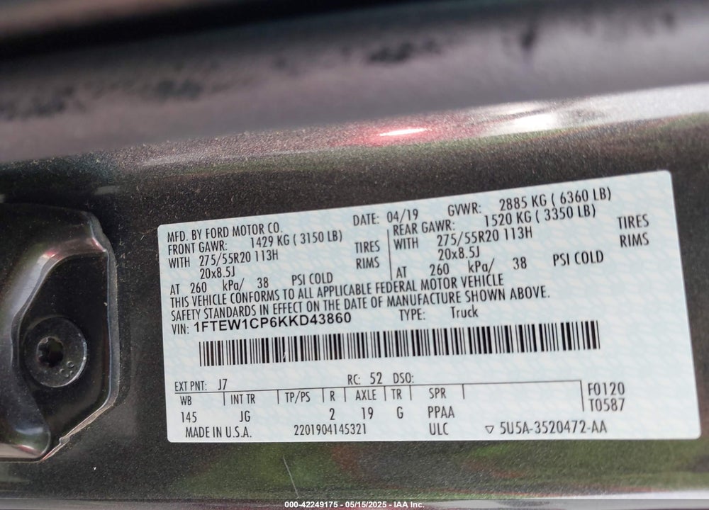 2019 FORD F-150 VIN: 1FTEW1CP6KKD43860