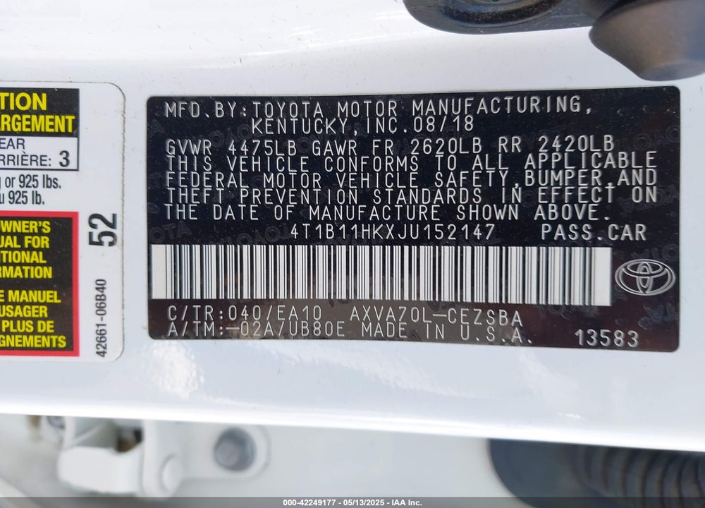 2018 TOYOTA CAMRY VIN: 4T1B11HKXJU152147