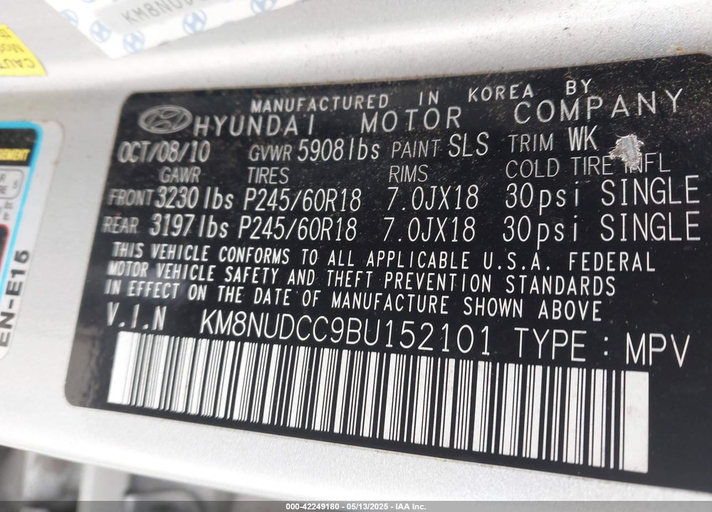 2011 HYUNDAI VERACRUZ VIN: KM8NUDCC9BU152101