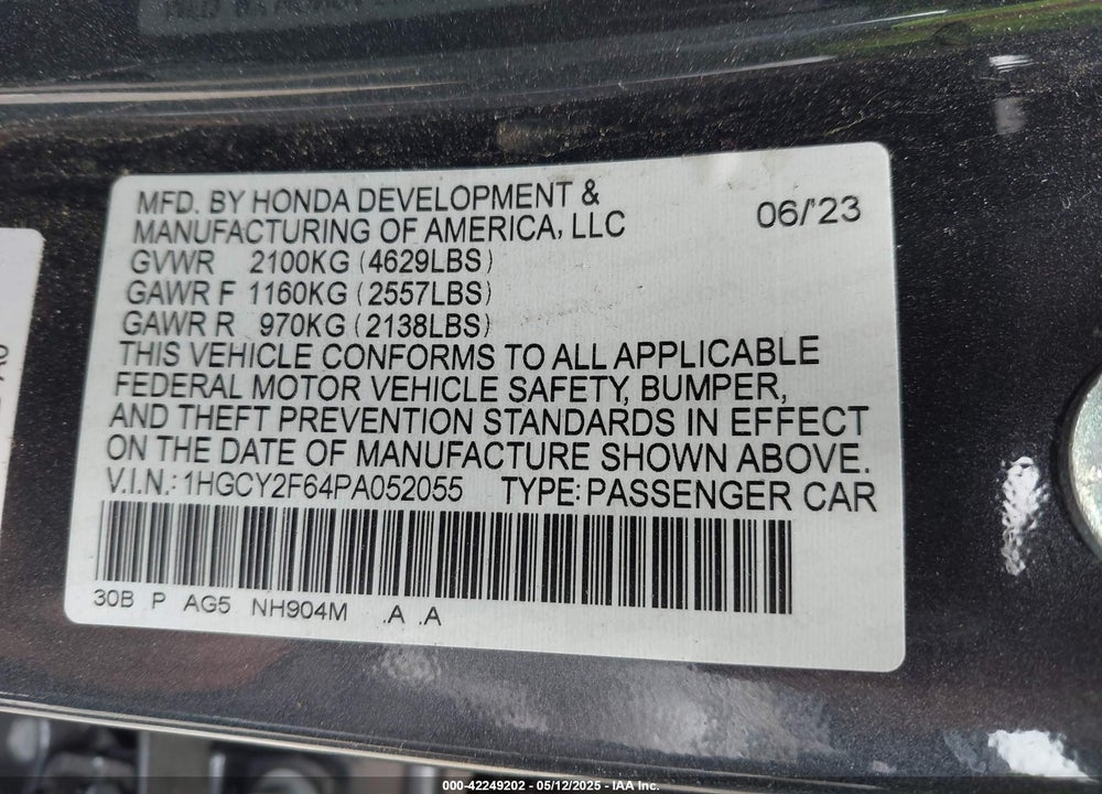 2023 HONDA ACCORD HYBRID EX-L VIN: 1HGCY2F64PA052055