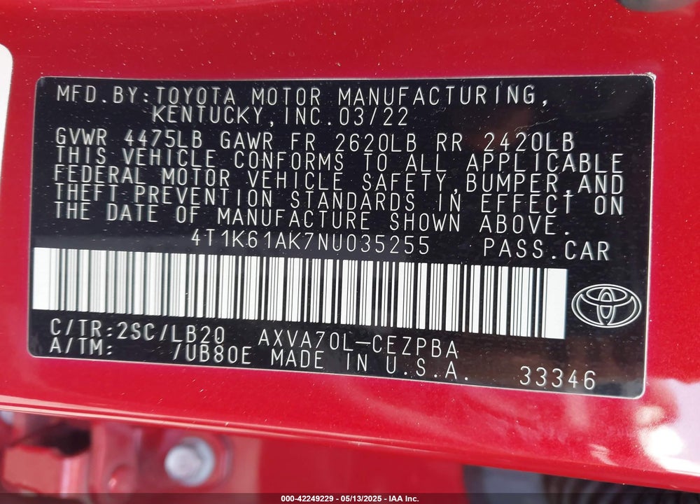 2022 TOYOTA CAMRY XSE VIN: 4T1K61AK7NU035255