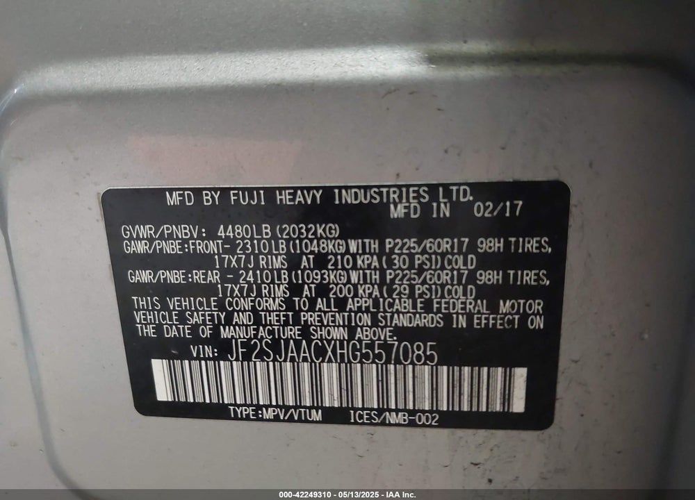 2017 SUBARU FORESTER VIN: JF2SJAACXHG557085