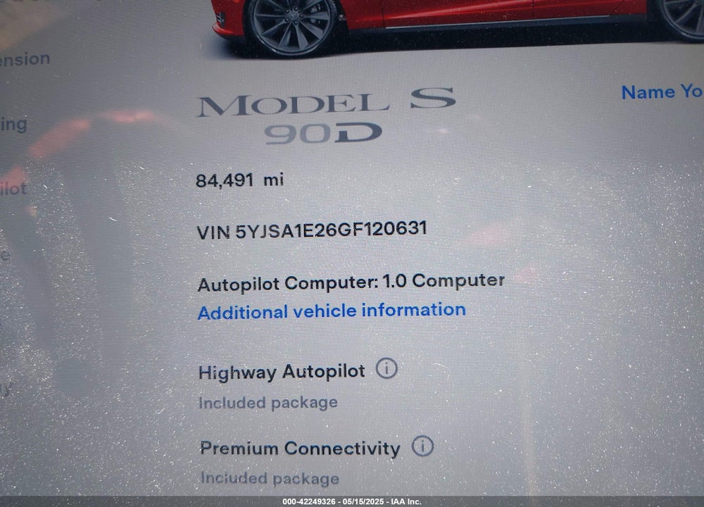 2016 TESLA MODEL S 60D/70D/75D/85D/90D VIN: 5YJSA1E26GF120631