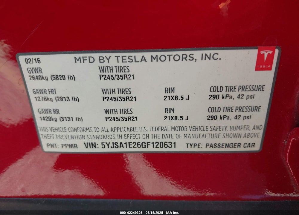 2016 TESLA MODEL S 60D/70D/75D/85D/90D VIN: 5YJSA1E26GF120631