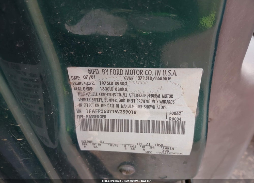 2001 FORD FOCUS SE VIN: 1FAFP36371W359018