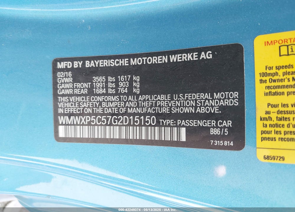 2016 MINI COOPER VIN: WMWXP5C57G2D15150