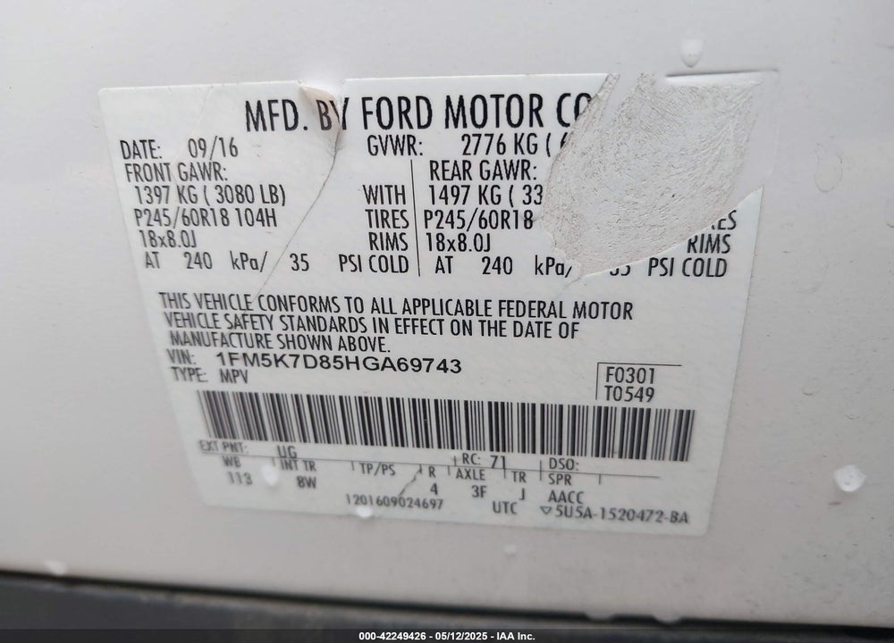 2017 FORD EXPLORER XLT VIN: 1FM5K7D85HGA69743